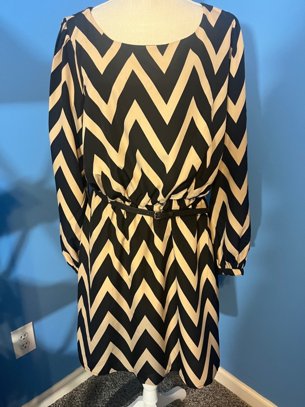 My Michelle Black and Cream Chevron Belted Long-Sleeve Dress, Size 1X